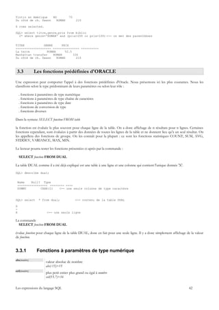 Tintin en Amérique   BD                70
Du côté de ch. Swann   ROMAN                 210

6 rows selected.

SQL> select titre,genre,prix from biblio
  2* where genre='ROMAN' and (prix>200 or prix<100) <-- on met des parenthèses


TITRE           GENRE      PRIX
-------------------- --------------- ----------
La terre          ROMAN      52.5
Manhattan transfer    ROMAN       336
Du côté de ch. Swann    ROMAN       210



 3.3           Les fonctions prédéfinies d'ORACLE
Une expression peut comporter l'appel à des fonctions prédéfinies d'Oracle. Nous présentons ici les plus courantes. Nous les
classifions selon le type prédominant de leurs paramètres ou selon leur rôle :

    . fonctions à paramètres de type numérique
    . fonctions à paramètres de type chaîne de caractères
    . fonctions à paramètres de type date
    . fonctions de conversion de type
    . fonctions diverses

Dans la syntaxe SELECT fonction FROM table

la fonction est évaluée le plus souvent pour chaque ligne de la table. On a donc affichage de n résultats pour n lignes. Certaines
fonctions cependant, sont évaluées à partir des données de toutes les lignes de la table et ne donnent lieu qu'à un seul résultat. On
les appellera des fonctions de groupe. On les connaît pour la plupart : ce sont les fonctions statistiques COUNT, SUM, AVG,
STDDEV, VARIANCE, MAX, MIN.

Le lecteur pourra tester les fonctions présentées ci-après par la commande :

    SELECT fonction FROM DUAL

La table DUAL comme il a été déjà expliqué est une table à une ligne et une colonne qui contient l'unique donnée 'X'.

SQL> describe dual;


 Name    Null? Type
 ----------------- -------- ----
 DUMMY        CHAR(1)   <-- une seule colonne de type caractère


SQL> select       * from dual;              <-- contenu de la table DUAL

D
-
X                      <-- une seule ligne

La commande
  SELECT fonction FROM DUAL

évalue fonction pour chaque ligne de la table DUAL, donc en fait pour une seule ligne. Il y a donc simplement affichage de la valeur
de fonction.


3.3.1           Fonctions à paramètres de type numérique
abs(nombre)
                       valeur absolue de nombre
                       abs(-15)=15
ceil(nombre)
                       plus petit entier plus grand ou égal à nombre
                       ceil(15.7)=16


Les expressions du langage SQL                                                                                            42
 