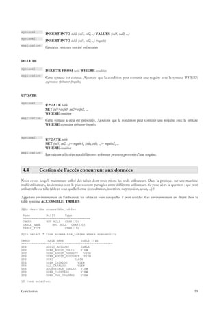 syntaxe1
                 INSERT INTO table (col1, col2, ..) VALUES (val1, val2, ...)
syntaxe2
                 INSERT INTO table (col1, col2, ..) (requête)
explication
                 Ces deux syntaxes ont été présentées


DELETE

syntaxe1
                 DELETE FROM table WHERE condition
explication
                 Cette syntaxe est connue. Ajoutons que la condition peut contenir une requête avec la syntaxe WHERE
                 expression opérateur (requête)


UPDATE

syntaxe1
                 UPDATE table
                 SET col1=expr1, col2=expr2, ...
                 WHERE condition
explication
                 Cette syntaxe a déjà été présentée. Ajoutons que la condition peut contenir une requête avec la syntaxe
                 WHERE expression opérateur (requête)


syntaxe2
                 UPDATE table
                 SET (col1, col2, ..)= requête1, (cola, colb, ..)= requête2, ...
                 WHERE condition
explication
                 Les valeurs affectées aux différentes colonnes peuvent provenir d'une requête.



 4.4         Gestion de l'accès concurrent aux données
Nous avons jusqu'à maintenant utilisé des tables dont nous étions les seuls utilisateurs. Dans la pratique, sur une machine
multi-utilisateurs, les données sont le plus souvent partagées entre différents utilisateurs. Se pose alors la question : qui peut
utiliser telle ou telle table et sous quelle forme (consultation, insertion, suppression, ajout, ...) ?

Appelons environnement de l'utilisateur, les tables et vues auxquelles il peut accéder. Cet environnement est décrit dans la
table système ACCESSIBLE_TABLES :

SQL> describe accessible_tables

 Name         Null?      Type
 --------------------------------------
 OWNER        NOT NULL   CHAR(30)
 TABLE_NAME       NOT NULL   CHAR(30)
 TABLE_TYPE              CHAR(11)

SQL> select * from accessible_tables where rownum<=10;

OWNER         TABLE_NAME           TABLE_TYPE
----------------- ----------------------------------
SYS           AUDIT_ACTIONS        TABLE
SYS           USER_AUDIT_TRAIL     VIEW
SYS           USER_AUDIT_CONNECT     VIEW
SYS           USER_AUDIT_RESOURCE VIEW
SYS           DUAL             TABLE
SYS           USER_CATALOG       VIEW
SYS           ALL_CATALOG        VIEW
SYS           ACCESSIBLE_TABLES    VIEW
SYS           USER_CLUSTERS        VIEW
SYS           USER_CLU_COLUMNS     VIEW

10 rows selected.


Conclusion                                                                                                                     59
 