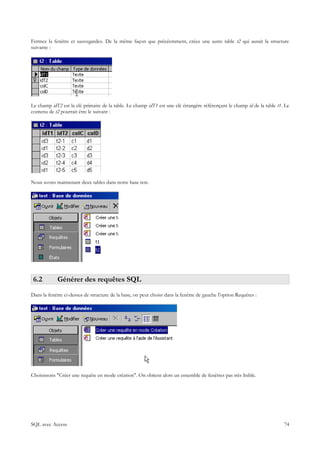 Fermez la fenêtre et sauvegardez. De la même façon que précéemment, créez une autre table t2 qui aurait la structure
suivante :




Le champ idT2 est la clé primaire de la table. Le champ idT1 est une clé étrangère référençant le champ id de la table t1. Le
contenu de t2 pourrait être le suivant :




Nous avons maintenant deux tables dans notre base test.




 6.2         Générer des requêtes SQL
Dans la fenêtre ci-dessus de structure de la base, on peut choisr dans la fenêtre de gauche l'option Requêtes :




Choisissons "Créer une requête en mode création". On obtient alors un ensemble de fenêtres pas très lisible.




SQL avec Access                                                                                                           74
 