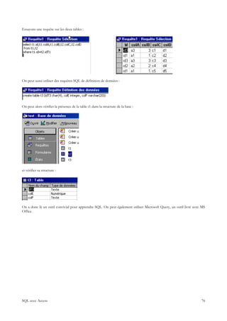 Essayons une requête sur les deux tables :




On peut aussi utiliser des requêtes SQL de définition de données :




On peut alors vérifier la présence de la table t1 dans la structure de la base :




et vérifier sa structure :




On a donc là un outil convivial pour apprendre SQL. On peut également utiliser Microsoft Query, un outil livré avec MS
Office.




SQL avec Access                                                                                                    76
 