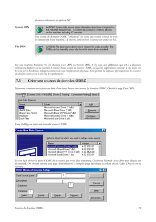 plusieurs utilisateurs en général NT.

System DSN


                   Une source de données ODBC "utilisateur" est donc une source connue de tous
                   les utilisateurs d'une machine. Là encore, cette notion a surtout un sens pour NT.

File DSN


                    ?


Sur une machine Windows 9x, on choisira User DSN ou System DSN. Il n'y aura une différence que s'il y a plusieurs
utilisateurs déclarés sur la machine. L'intérêt d'une source de donées ODBC est que les applications windows y ont accès via
le nom qu'on lui donne, indépendamment de son emplacement physique. Cela permet de déplacer physiquement les sources
de données sans avoir à réécrire les applications.

 7.3         Créer une sources de données ODBC
Montrons comment nous pouvons faire d'une base Access une source de données ODBC. Choisir la page User DSN :




Faire [Add] pour créer une nouvelle source ODBC.




Il vous faut choisir le pilote ODBC de la source que vous allez construire. Choisissez Microsoft Access driver puis cliquez sur
[Terminer]. On obtient ensuite une page d'informations à remplir, page spécifique au pilote choisi. Celle d'Access est la
suivante :


                                                1


                                                       2

               3




Sources de données ODBC                                                                                                     78
 