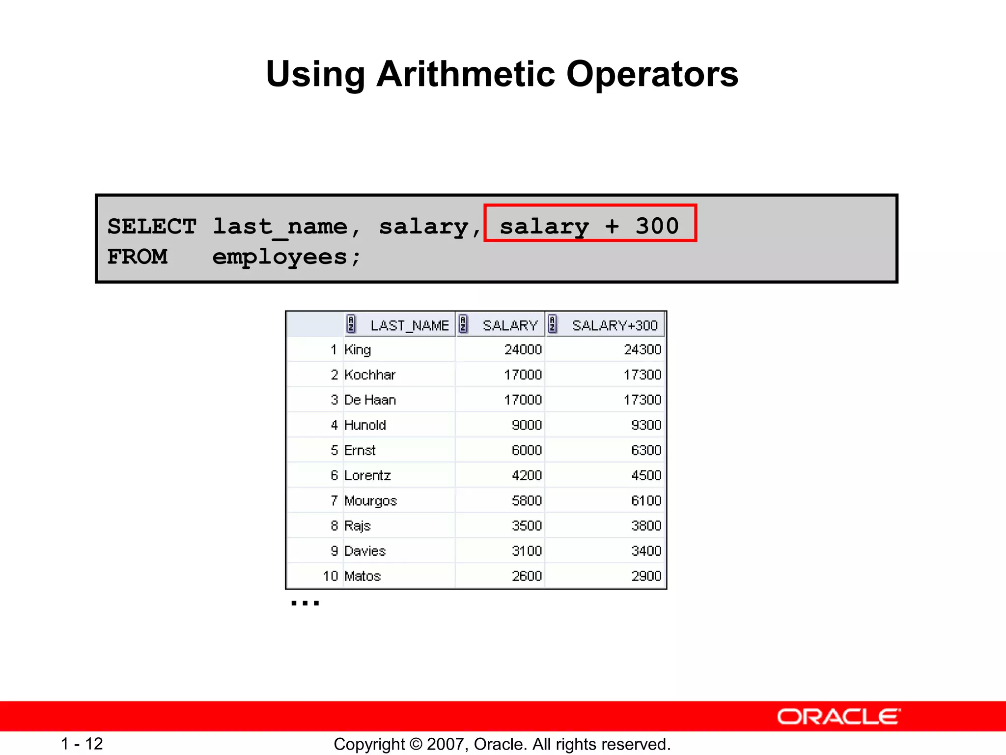 Copyright © 2007, Oracle. All rights reserved.1 - 12
SELECT last_name, salary, salary + 300
FROM employees;
Using Arithmetic Operators
…
 