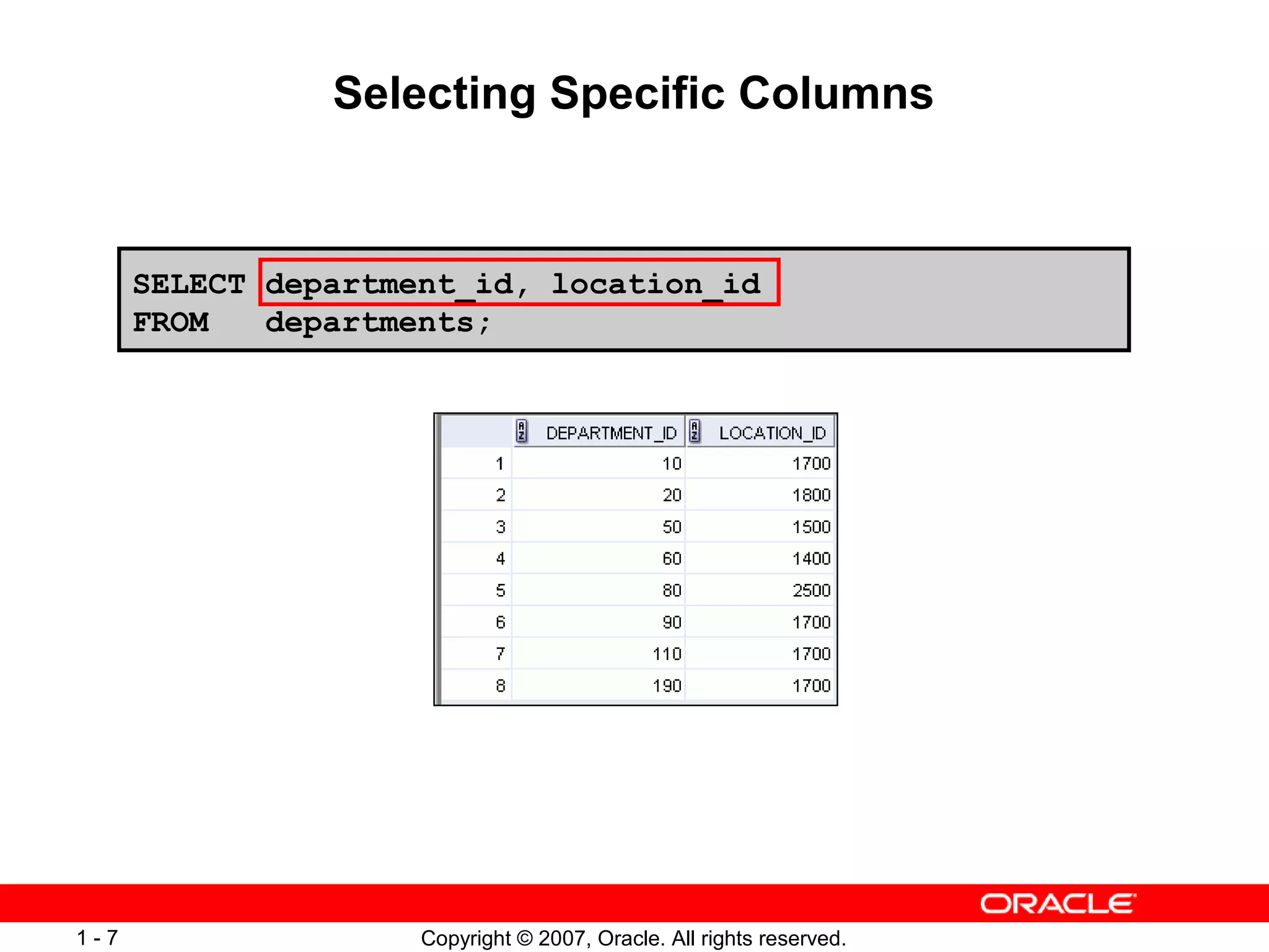 Copyright © 2007, Oracle. All rights reserved.1 - 7
Selecting Specific Columns
SELECT department_id, location_id
FROM departments;
 