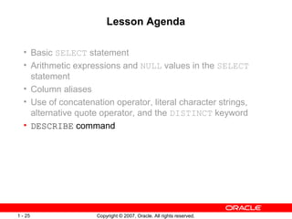 Copyright © 2007, Oracle. All rights reserved.1 - 25
Lesson Agenda
• Basic SELECT statement
• Arithmetic expressions and NULL values in the SELECT
statement
• Column aliases
• Use of concatenation operator, literal character strings,
alternative quote operator, and the DISTINCT keyword
• DESCRIBE command
 