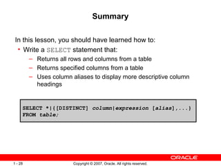 Copyright © 2007, Oracle. All rights reserved.1 - 28
Summary
In this lesson, you should have learned how to:
• Write a SELECT statement that:
– Returns all rows and columns from a table
– Returns specified columns from a table
– Uses column aliases to display more descriptive column
headings
SELECT *|{[DISTINCT] column|expression [alias],...}
FROM table;
 