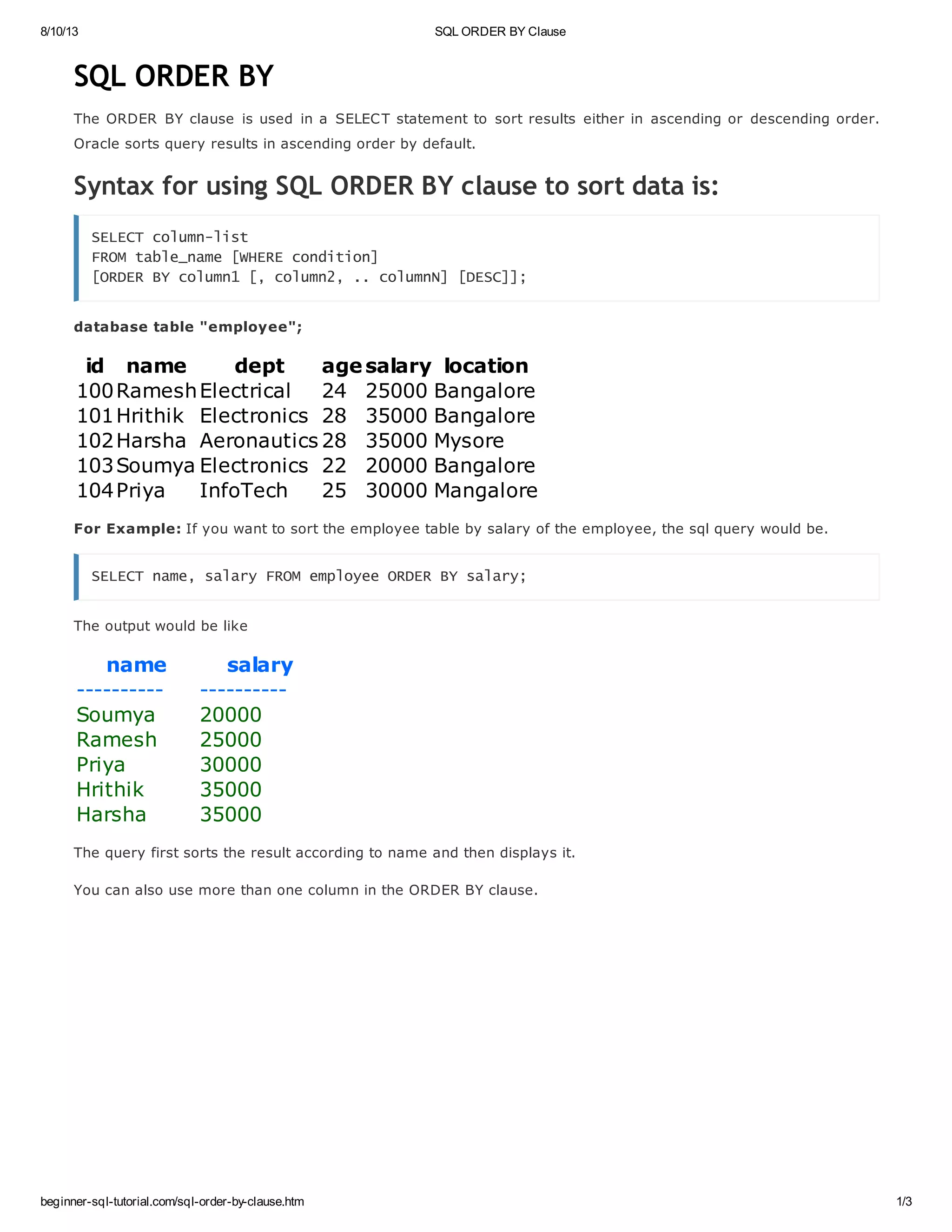 Sql order by clause | PDF
