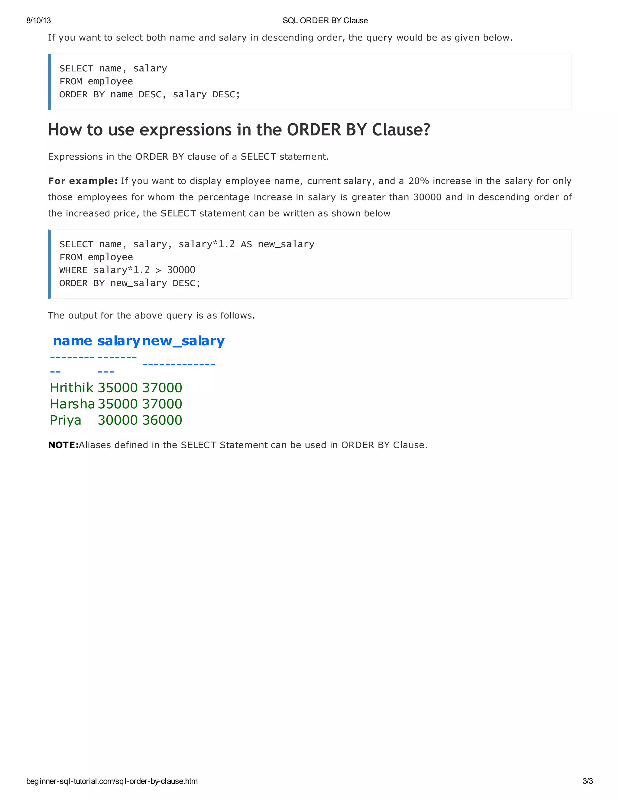Sql order by clause pdf