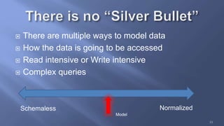  There are multiple ways to model data
 How the data is going to be accessed
 Read intensive or Write intensive
 Complex queries
23
Schemaless Normalized
Model
 