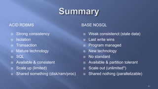 ACID RDBMS BASE NOSQL
 Strong consistency
 Isolation
 Transaction
 Mature technology
 SQL
 Available & consistent
 Scale up (limited)
 Shared something (disk/ram/proc)
 Weak consistenct (stale data)
 Last write wins
 Program managed
 New technology
 No standard
 Available & partition tolerant
 Scale out (unlimited*)
 Shared nothing (parallelizable)
41
 