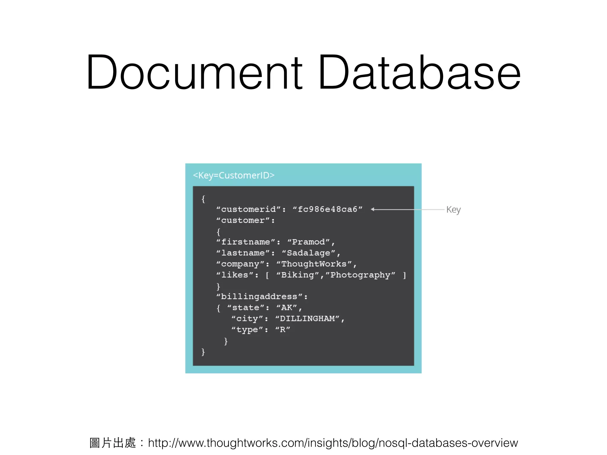 Document Database 圖⽚片出處：http://www.thoughtworks.com/insights/blog/nosql-databases-overview 