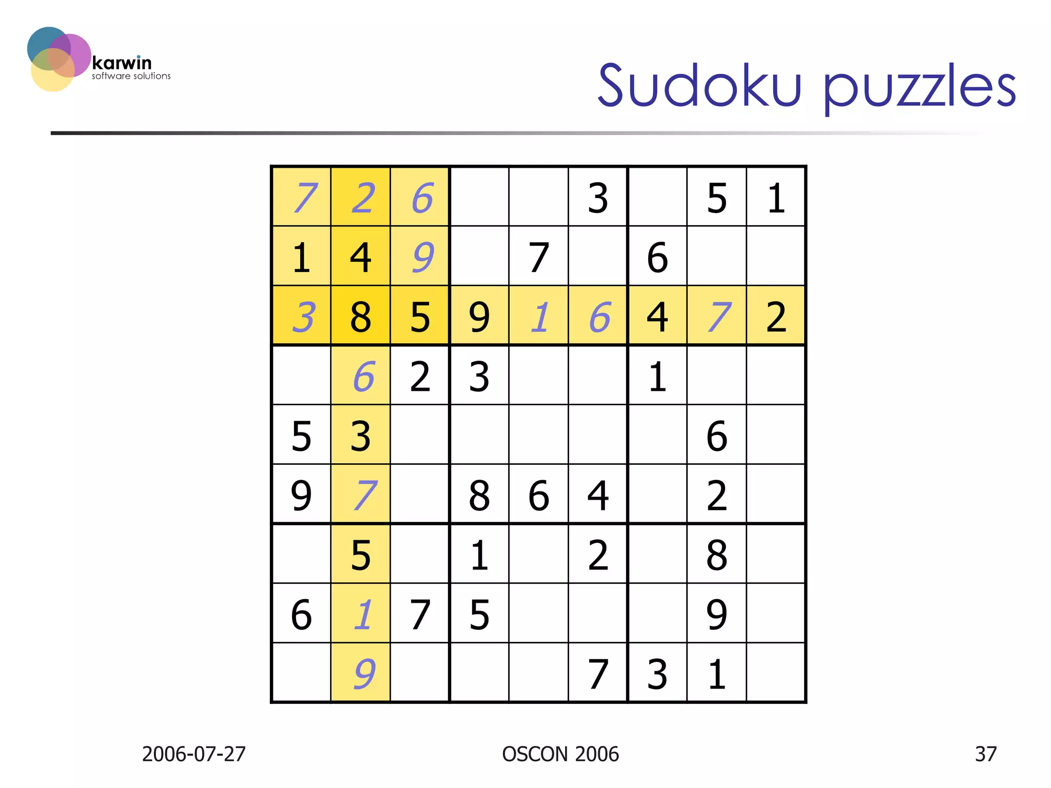 Sudoku puzzles
7 2 6
3
5 1
1 4 9
7
6
3 8 5 9 1 6 4 7 2
6 2 3
1
5 3
6
9 7
8 6 4
2
5
1
2
8
6 1 7 5
9
9
7 3 1
2006-07-27

OSCON 2006

37

 