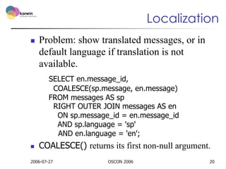 Localization
n 

Problem: show translated messages, or in
default language if translation is not
available.
SELECT en.mes...