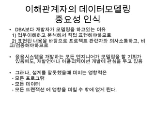 이해관계자의 데이터모델링
        중요성 인식
• DBA보다 개발자가 모델링을 하고있는 이유
 1) 업무이해하고 분석해서 직접 표현해야하므로
 2) 표현된 내용을 바탕으로 프로젝트 관련자와 의사소통하고, 비
교/검증해야하므로

• 응용시스템을 개발하는 모든 엔지니어가 모델링을 할 기회가
  있음에도, 개발언어나 어플리케이션 개발에 관심을 두고 있음

• 그러나, 설계를 잘못했을때 미치는 영향력은
 - 모든 프로그램
 - 모든 데이터
 - 모든 트랜잭션 에 영향을 미칠 수 밖에 없게 된다.
 