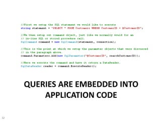 QUERIES ARE EMBEDDED INTO
APPLICATION CODE
32
 