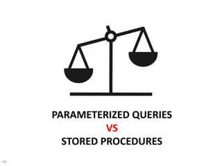 PARAMETERIZED QUERIES
VS
STORED PROCEDURES
34
 