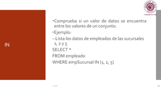 IN
Comprueba si un valor de datos se encuentra
entre los valores de un conjunto.
Ejemplo:
--Lista los datos de empleados de las sucursales
1, 2 y 5
SELECT *
FROM empleado
WHERE empSucursal IN (1, 2, 5)
C. Román 16
 