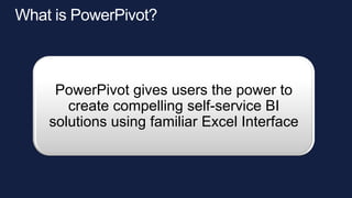 PowerPivot gives users the power to
   create compelling self-service BI
solutions using familiar Excel Interface
 