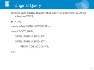 Original Query libname CDB ODBC datasrc=db2p user=uid password=yourpwd schema=GWY1; proc   sql ; create table WORK.ACCOUNT as select ACCT_NUM, OPEN_ENRLM_BEG_DT, OPEN_ENRLM_END_DT  FROM CDB.ACCOUNT; quit; 
