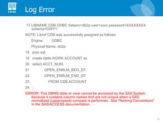 Log Error 17 LIBNAME CDB ODBC datasrc=db2p user=xxxx password=XXXXXXXX schema=GWY1; NOTE: Libref CDB was successfully assigned as follows: Engine:  ODBC Physical Name: db2p 18  proc sql; 19  create table WORK.ACCOUNT as 20  select ACCT_NUM, 21  OPEN_ENRLM_BEG_DT, 22  OPEN_ENRLM_END_DT 23  FROM CDB.ACCOUNT 24  ; ERROR: This DBMS table or view cannot be accessed by the SAS System because it contains column names that are not unique when a SAS normalized (uppercased) compare is performed.  See "Naming Conventions" in the SAS/ACCESS documentation. 