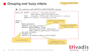 Grouping over fuzzy criteria
12c SQL Pattern Matching – wann werde ich das benutzen?34
12c solution with MATCH_RECOGINZE c...