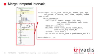 Merge temporal intervals
12c SQL Pattern Matching – wann werde ich das benutzen?40
...
SELECT empno, valid_from, valid_to,...