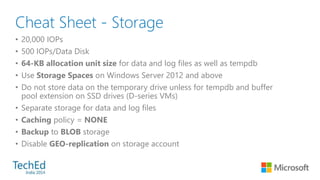 Cheat Sheet - Storage 
• 20,000 IOPs 
• 500 IOPs/Data Disk 
• 64-KB allocation unit size for data and log files as well as...