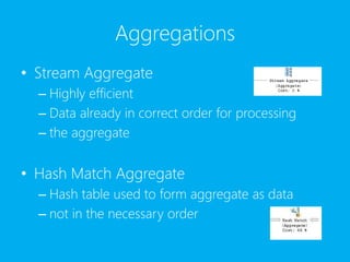 Aggregations
• Stream Aggregate
– Highly efficient
– Data already in correct order for processing
– the aggregate
• Hash Match Aggregate
– Hash table used to form aggregate as data
– not in the necessary order
 
