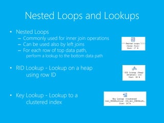 Nested Loops and Lookups
• Nested Loops
– Commonly used for inner join operations
– Can be used also by left joins
– For each row of top data path,
perform a lookup to the bottom data path
• RID Lookup - Lookup on a heap
using row ID
• Key Lookup - Lookup to a
clustered index
 