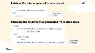 Retrieve the total number of orders placed.
Calculate the total revenue generated from pizza sales.
 