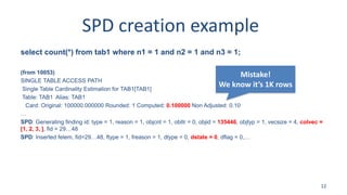 SPD creation example
select count(*) from tab1 where n1 = 1 and n2 = 1 and n3 = 1;
(from 10053)
SINGLE TABLE ACCESS PATH
Single Table Cardinality Estimation for TAB1[TAB1]
Table: TAB1 Alias: TAB1
Card: Original: 100000.000000 Rounded: 1 Computed: 0.100000 Non Adjusted: 0.10
…
SPD: Generating finding id: type = 1, reason = 1, objcnt = 1, obItr = 0, objid = 135446, objtyp = 1, vecsize = 4, colvec =
[1, 2, 3, ], fid = 29…48
SPD: Inserted felem, fid=29…48, ftype = 1, freason = 1, dtype = 0, dstate = 0, dflag = 0,…
12
Mistake!
We know it’s 1K rows
 