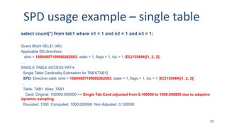 SPD usage example – single table
select count(*) from tab1 where n1 = 1 and n2 = 1 and n3 = 1;
Query Block SEL$1 (#0)
Applicable DS directives:
dirid = 16004857199080262683, state = 1, flags = 1, loc = 1 {EC(135484)[1, 2, 3]}
…
SINGLE TABLE ACCESS PATH
Single Table Cardinality Estimation for TAB1[TAB1]
SPD: Directive valid: dirid = 16004857199080262683, state = 1, flags = 1, loc = 1 {EC(135484)[1, 2, 3]}
…
Table: TAB1 Alias: TAB1
Card: Original: 100000.000000 >> Single Tab Card adjusted from 0.100000 to 1000.000000 due to adaptive
dynamic sampling
Rounded: 1000 Computed: 1000.000000 Non Adjusted: 0.100000
19
 