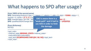 What happens to SPD after usage?
(from 10053 of the second parse)
SPD: Generating finding id: type = 1, reason = 1, objcnt = 1, obItr = 0, objid = 135484, objtyp = 1,
vecsize = 4, colvec = [1, 2, 3, ], fid = 108…890
SPD: Inserted felem, fid=108…890,ftype = 0,freason = 0,dtype = 1,dstate = 2,…
SPD: qosdRecDSDirChange dirid = 16004857199080262683, retCode = UPDATED
(from dictionary)
NOTES
----------------------------------------------------
<spd_note>
<internal_state>MISSING_STATS</internal_state>
<redundant>NO</redundant>
<spd_text>{EC(MPAGANO.TAB1)[N1, N2, N3]}</spd_text>
</spd_note>
25
CBO is aware there is a
“weak path” and it had to
use ADS in order to limit
the damage
 