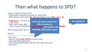 Then what happens to SPD?
SINGLE TABLE ACCESS PATH
Single Table Cardinality Estimation for TAB1[TAB1]
SPD: Directive valid: dirid=160…83,state=2,flags=1,loc=1{EC(…)[1, 2, 3]}
...
ColGroup (#1, VC) SYS_STSOYQUEIAZ7FI9DV53VLN$$$0
Col#: 1 2 3 …
Table: TAB1 Alias: TAB1
Card: Original: 100000.000000 Rounded: 1000 Computed: 1000.000000
…
SPD: Inserted felem, fid=10…890,…,dtype = 1, dstate = 3, dflag = 1,…
…
NOTES
------------------------------------------------------
<spd_note>
<internal_state>HAS_STATS</internal_state>
<redundant>NO</redundant>
<spd_text>{EC(MPAGANO.TAB1)[N1, N2, N3]}</spd_text>
</spd_note>
27
If the CG doesn’t help then
SPD is marked as
PERMANENT and behaves like
MISSING_STATS (ADS used)
No mistake 
 