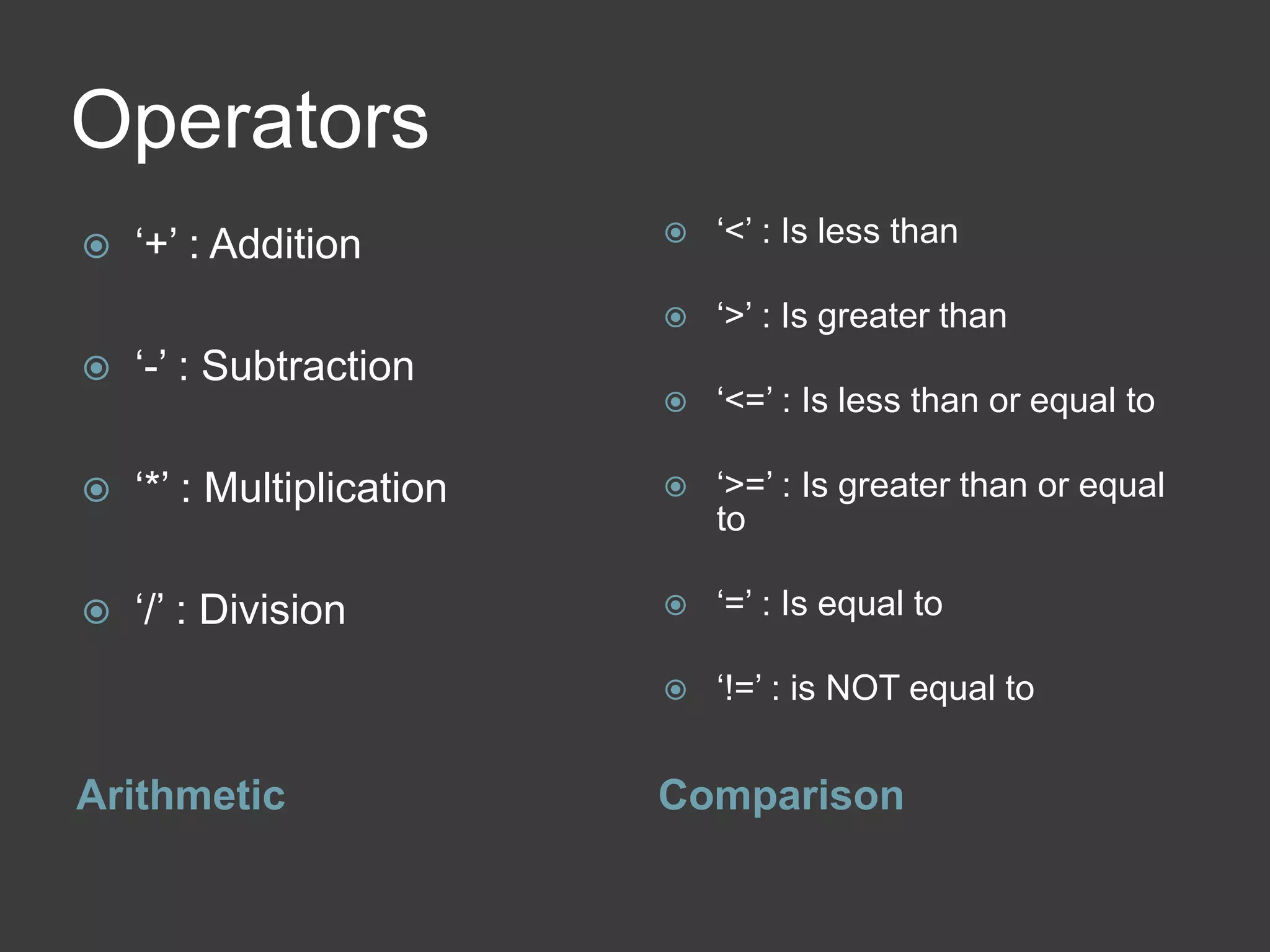 Operators
Arithmetic Comparison
 ‘+’ : Addition
 ‘-’ : Subtraction
 ‘*’ : Multiplication
 ‘/’ : Division
 ‘<’ : Is less than
 ‘>’ : Is greater than
 ‘<=’ : Is less than or equal to
 ‘>=’ : Is greater than or equal
to
 ‘=’ : Is equal to
 ‘!=’ : is NOT equal to
 