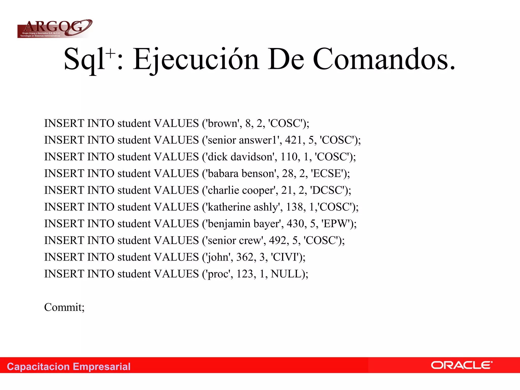Capacitacion Empresarial
Sql+
: Ejecución De Comandos.
INSERT INTO student VALUES ('brown', 8, 2, 'COSC');
INSERT INTO student VALUES ('senior answer1', 421, 5, 'COSC');
INSERT INTO student VALUES ('dick davidson', 110, 1, 'COSC');
INSERT INTO student VALUES ('babara benson', 28, 2, 'ECSE');
INSERT INTO student VALUES ('charlie cooper', 21, 2, 'DCSC');
INSERT INTO student VALUES ('katherine ashly', 138, 1,'COSC');
INSERT INTO student VALUES ('benjamin bayer', 430, 5, 'EPW');
INSERT INTO student VALUES ('senior crew', 492, 5, 'COSC');
INSERT INTO student VALUES ('john', 362, 3, 'CIVI');
INSERT INTO student VALUES ('proc', 123, 1, NULL);
Commit;
 
