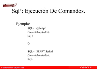 Capacitacion Empresarial
Sql+
: Ejecución De Comandos.
– Ejemplo:
SQL> @Script1
Create table student.
Sql >
Ó
SQL> START Script1
Create table student.
Sql>
 