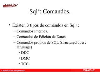Capacitacion Empresarial
Sql+
: Comandos.
• Existen 3 tipos de comandos en Sql+:
– Comandos Internos.
– Comandos de Edición de Datos.
– Comandos propios de SQL (structured query
language)
• DDC
• DMC
• TCC
 