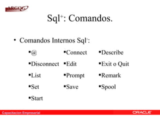 Capacitacion Empresarial
Sql+
: Comandos.
• Comandos Internos Sql+
:
@ Connect Describe
Disconnect Edit Exit o Quit
List Prompt Remark
Set Save Spool
Start
 