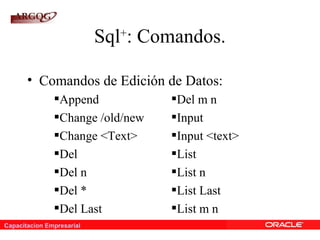 Capacitacion Empresarial
Sql+
: Comandos.
• Comandos de Edición de Datos:
Append Del m n
Change /old/new Input
Change <Text> Input <text>
Del List
Del n List n
Del * List Last
Del Last List m n
 