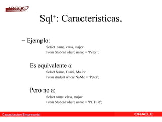 Capacitacion Empresarial
Sql+
: Caracteristicas.
– Ejemplo:
Select name, class, major
From Student where name = ‘Peter’;
Es equivalente a:
Select Name, ClasS, MaJor
From student where NaMe = ‘Peter’;
Pero no a:
Select name, class, major
From Student where name = ‘PETER’;
 