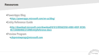 Resources
•PowerApps Blog
•https://powerapps.microsoft.com/en-us/blog/
•Entity Reference Guide
•http://download.microsoft.com/download/8/9/5/8956ED58-A9B0-40DF-8CB0-
BC13AD8DB6E2/CDMEntityReference.docx
•Preview Program
•cdspreviewprogs@microsoft.com
 
