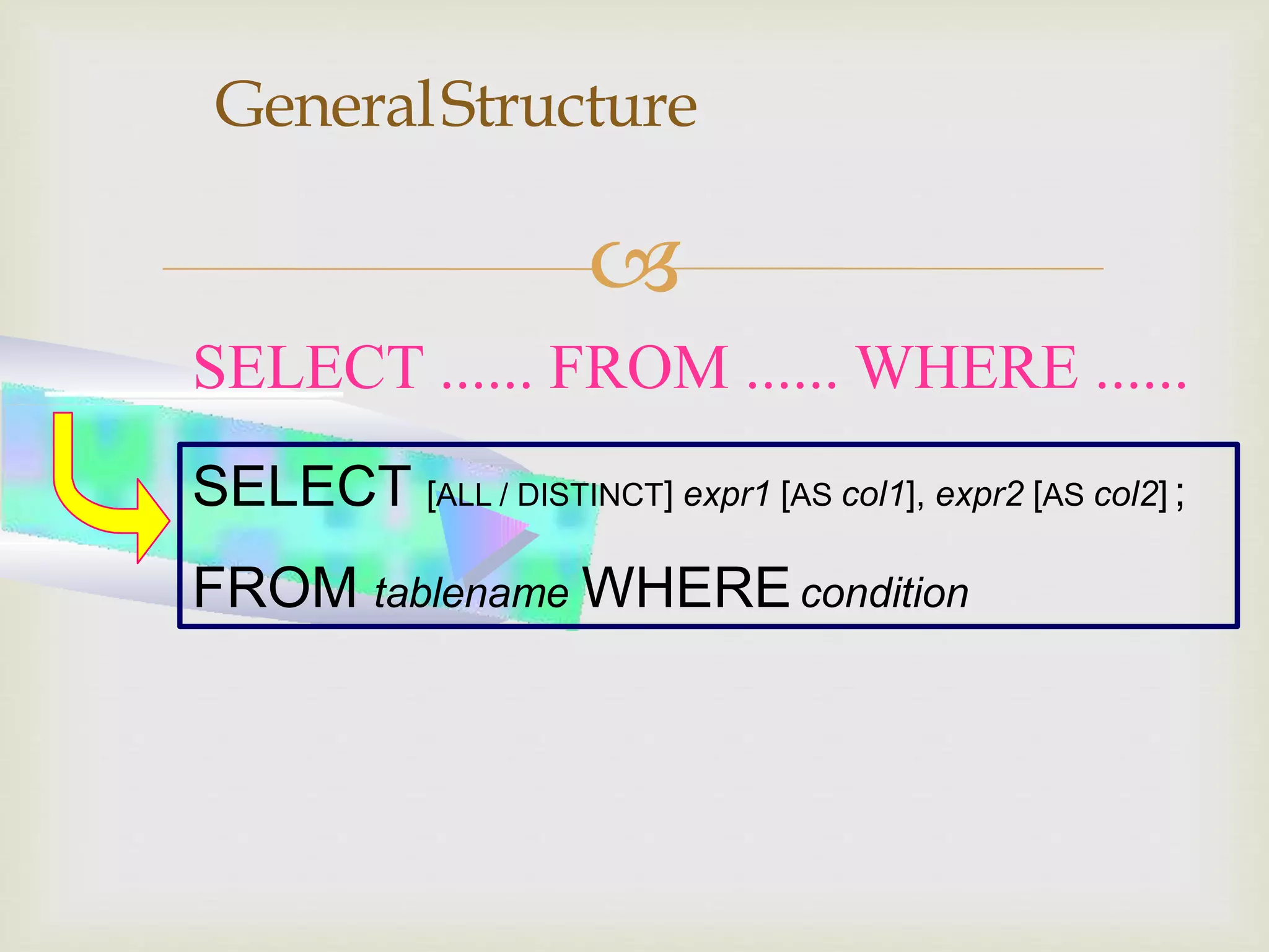 
GeneralStructure
SELECT [ALL / DISTINCT] expr1 [AS col1], expr2 [AS col2] ;
FROM tablename WHEREcondition
SELECT ...... FROM ...... WHERE ......
 