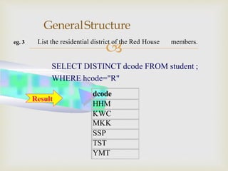 
GeneralStructure
eg. 3 List the residential district of the Red House members.
SELECT DISTINCT dcode FROM student ;
WHERE hcode="R"
dcode
HHM
KWC
MKK
SSP
TST
YMT
Result
 