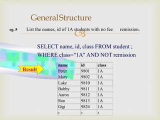 
GeneralStructure
eg. 5 List the names, id of 1A students with no fee remission.
SELECT name, id, class FROM student ;
WHERE class="1A" AND NOT remission
name id class
Peter 9801 1A
Mary 9802 1A
Luke 9810 1A
Bobby 9811 1A
Aaron 9812 1A
Ron 9813 1A
Gigi 9824 1A
: : :
Result
 