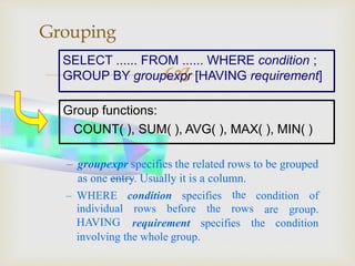 
Grouping
SELECT ...... FROM ...... WHERE condition ;
GROUP BY groupexpr [HAVING requirement]
Group functions:
COUNT( ), SUM( ), AVG( ), MAX( ), MIN( )
– groupexpr specifies the related rows to be grouped
as one entry. Usually it is a column.
condition specifies condition ofthe
rows before the rows are group.
– WHERE
individual
HAVING requirement specifies the condition
involving the whole group.
 