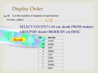 
Display Order
eg. 18 List the number of students of each district
(in desc. order).
SELECT COUNT(*) AS cnt, dcode FROM student ;
GROUP BY dcode ORDER BY cnt DESC
cnt docode
11 YMT
10 HHM
10 SSP
9 MKK
5 TST
2 TSW
1 KWC
1 MMK
1 SHT
Result
 