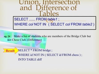 
Union, Intersection
and Difference of
Tables
SELECT * FROM bridge ;
WHERE id NOT IN ( SELECT id FROM chess ) ;
INTO TABLE diff
eg. 24 Make a list of students who are members of the Bridge Club but
not Chess Club. (Difference)
SELECT ...... FROM table1 ;
WHERE col NOT IN ( SELECT col FROM table2 )
Result
 