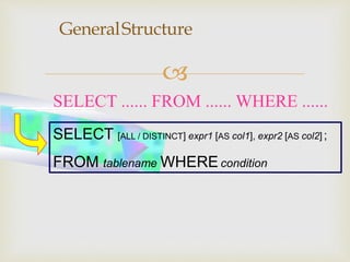 
GeneralStructure
SELECT [ALL / DISTINCT] expr1 [AS col1], expr2 [AS col2] ;
FROM tablename WHEREcondition
SELECT ...... FROM ...... WHERE ......
 