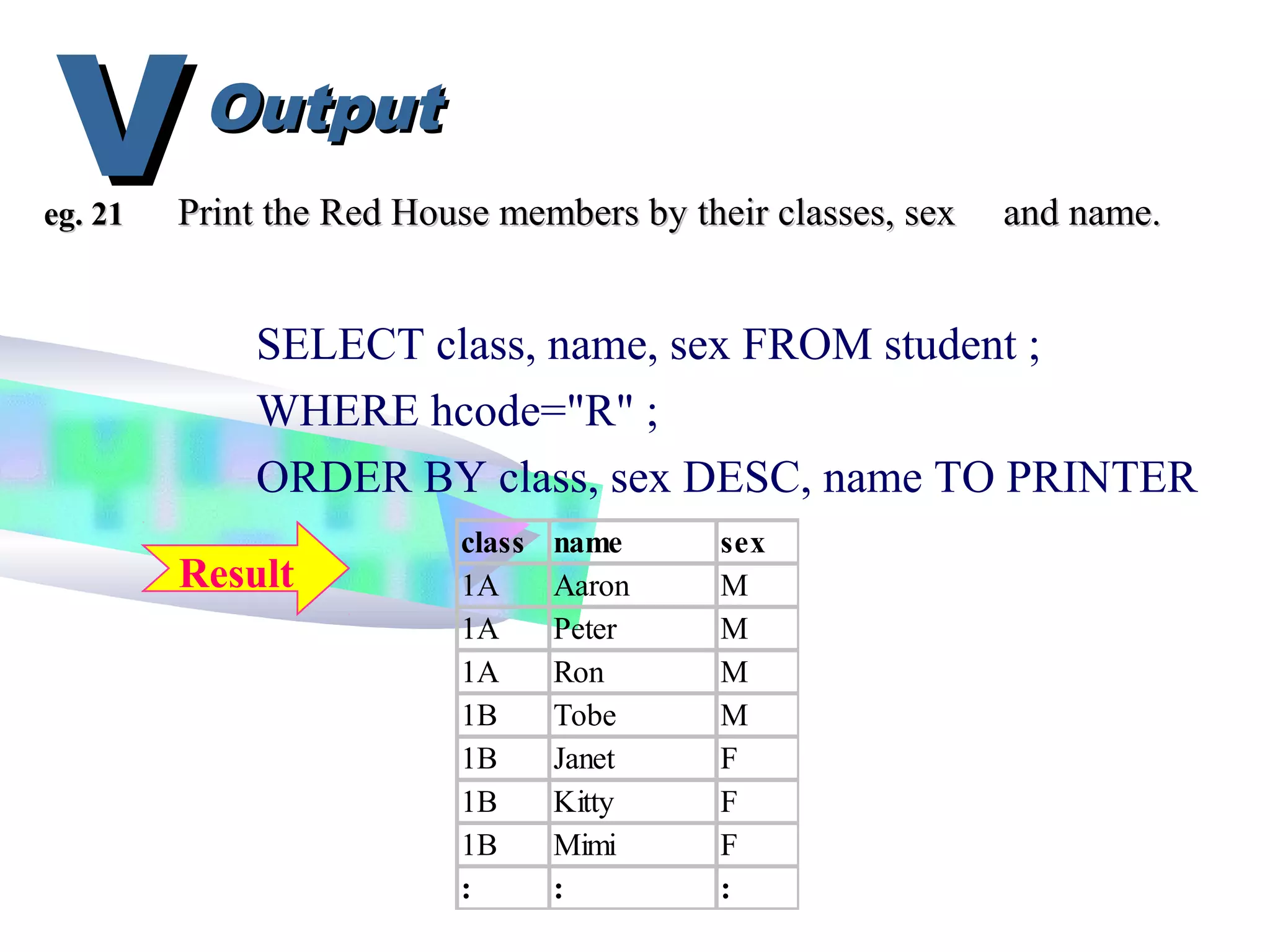 OutputOutput
VVeg. 21eg. 21 Print the Red House members by their classes, sexPrint the Red House members by their classes, sex and name.and name.
SELECT class, name, sex FROM student ;
WHERE hcode="R" ;
ORDER BY class, sex DESC, name TO PRINTER
class name sex
1A Aaron M
1A Peter M
1A Ron M
1B Tobe M
1B Janet F
1B Kitty F
1B Mimi F
: : :
Result
 
