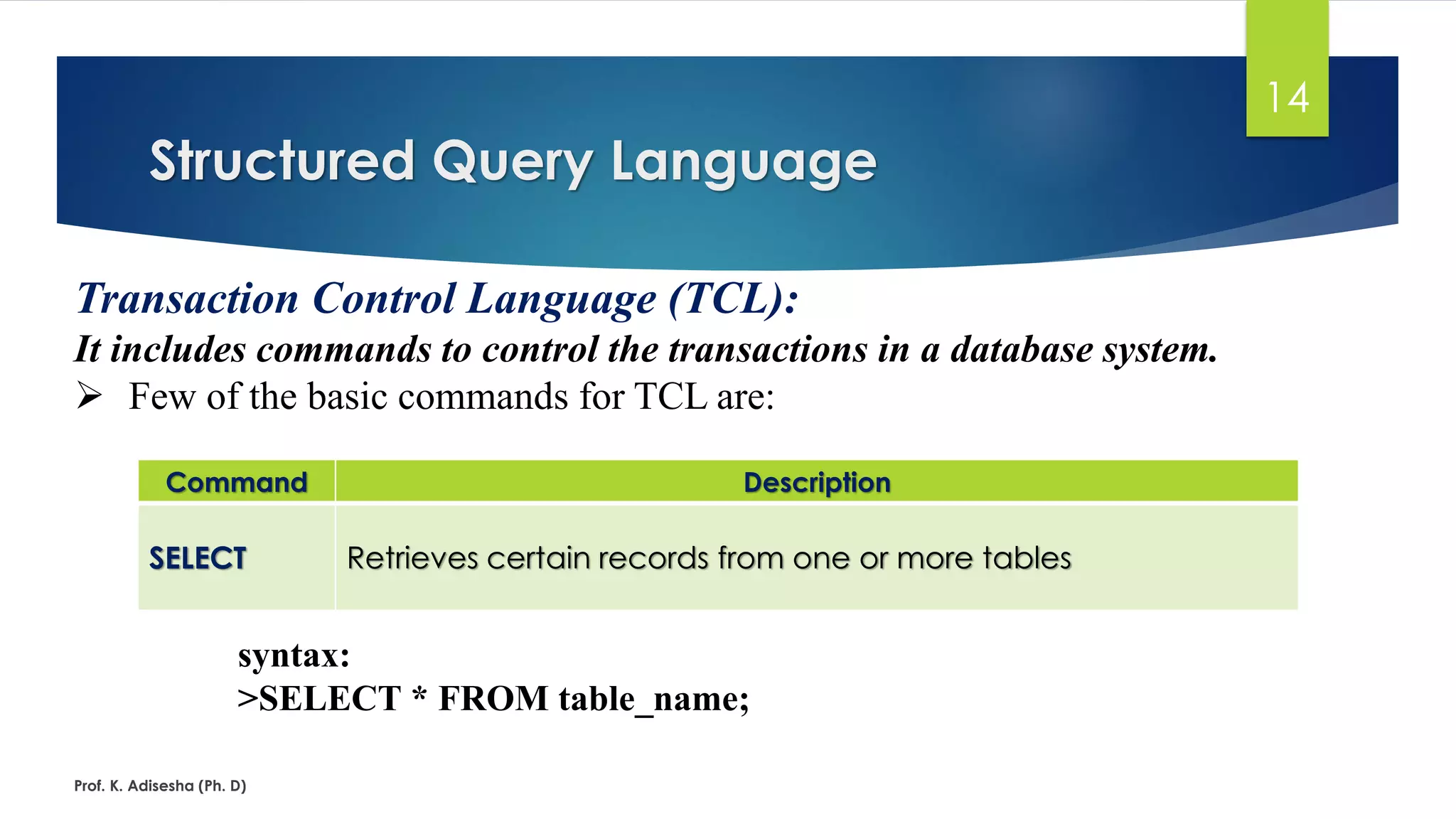 Structured Query Language
Prof. K. Adisesha (Ph. D)
14
Transaction Control Language (TCL):
It includes commands to control the transactions in a database system.
 Few of the basic commands for TCL are:
Command Description
SELECT Retrieves certain records from one or more tables
syntax:
>SELECT * FROM table_name;
 